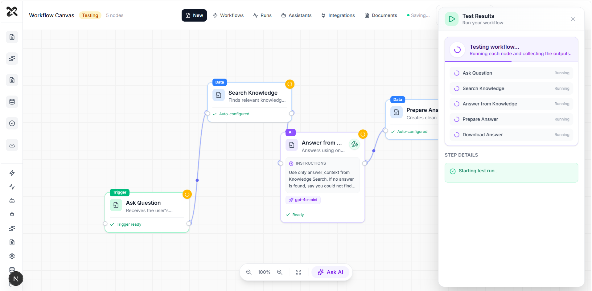 Ingesta workflow canvas with AI nodes running a test